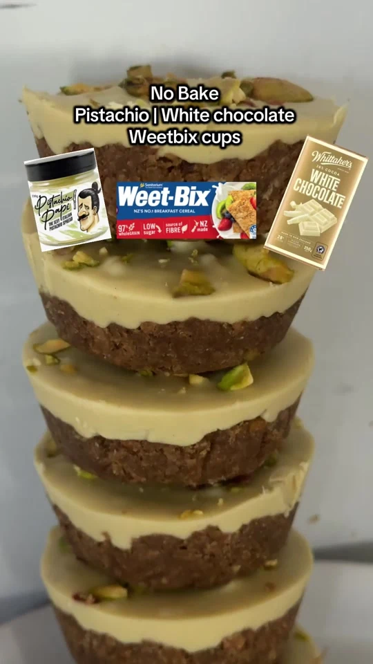 A stack of Claire’s pistachio and white chocolate Weetbix cups